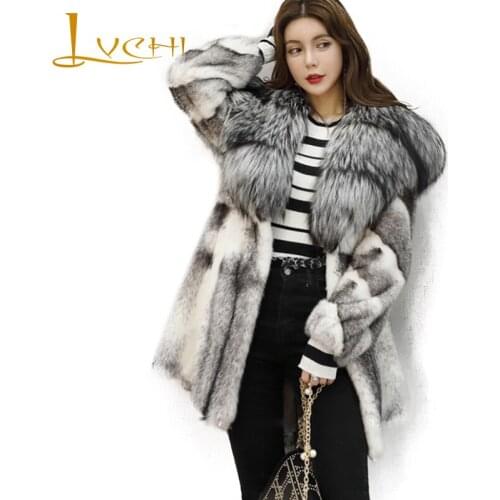 LVCHI Winter 2019 Striped Import Cross Mink Fur Coats Womens With Fox Fur Collar Long Sleeve Causal Loss Cross Mink Coats