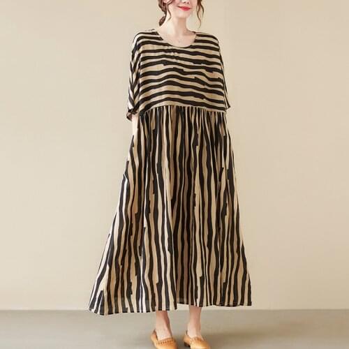 2021 Summer Striped Red Dress For Women Elegant Party Cute Casual Loose Long Stripe Cotton Linen Fashion Short Sleeve Clothes