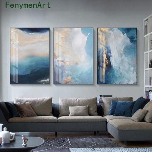 Gold Foil River Blue Canvas Paintings Modern Marble Pattern Posters And Prints Abstract Wall Poster For Living Room Home Decor