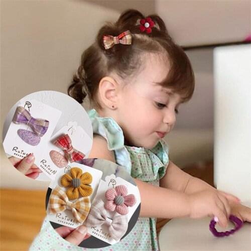 2 PCS/SET Flowers Bow Hairpins Floral Embroidery Plaid Print Hair Clip Kids Hair Accessories BB Clip Baby Girls Barrettes