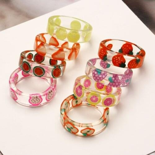 2021 Bohemian Summer Fruit Transparent Resin Acrylic Ring for Women Girls New Design Strawberry Lemon Finger Jewelry Party Gifts