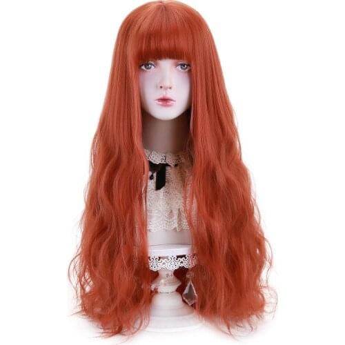 Free Beauty Long Wavy Synthetic red,Dark brown, blue Hair Wigs with Bangs for Women Lolita Cosplay Costume Party Halloween