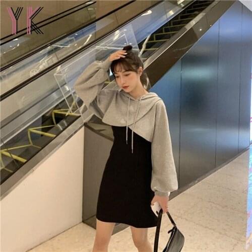 Drawstring Hooded Blouse + Suspender Solid Color Dress Two-Piece Irregular Sweater A-Line Skirt Suit Women Korean Casual Set