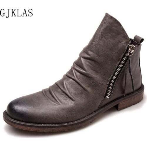 Leather Boots Plue Size Waterpoof Men Ankle Boots Fashion Casual Double Zippers Motorcycle Boots Shoes Retro Bota Cowboy Boot