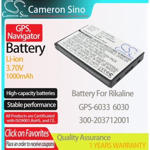 CameronSino Battery for Rikaline GPS-6033 6030 fits Rikaline 300-203712001 GPS, Navigator battery 1000mAh 3.70V Li-ion Black