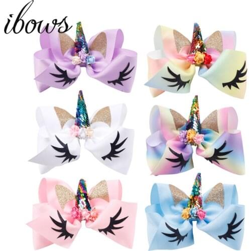IBOWS 7" Sequin Hair Bows For Girls Glitter Printed Hairbow With Floral Sequin Horn Elastic Band Hair Tie Hair Accessories