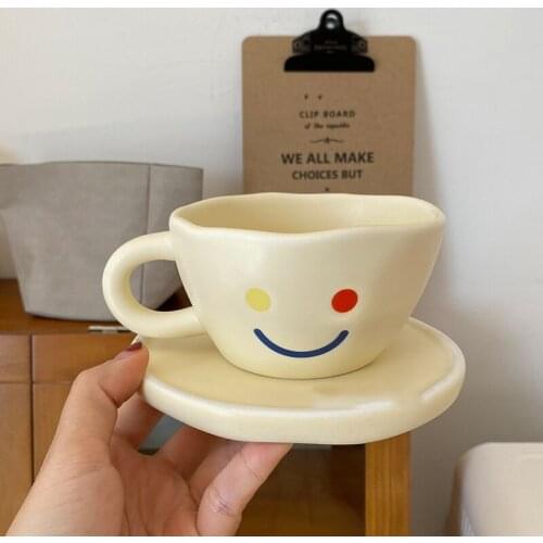 Ceramic Matte Stoneware Irregular Colorful Smiley Milk Mug 200ml Coffee Cup Saucer Set With Wooden Spoon