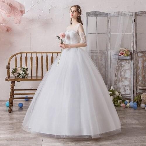 Classic O Neck Half Sleeve Cheap Simple Wedding Dress Illusion Appliques Plus Size Lace Up Bride Ball Gown Vestidos De Novia