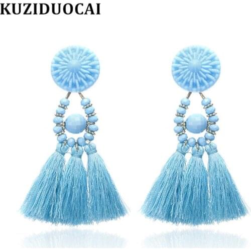 Kuziduocai New Fashion Jewelry Bohe Acrylic Beaded Long Tassel Statement Drop Earrings For Women Girls Brincos Pendientes E-1909
