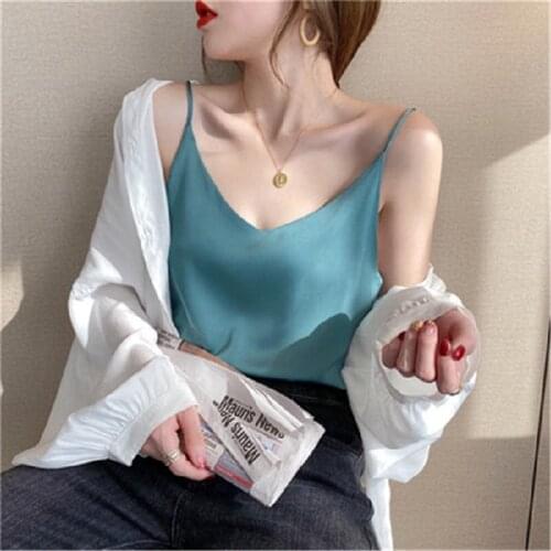 Summer Girls Satin Tank Tops Spaghetti Strap Sexy V Neck Croptop Women Korean Style Loose Camis Fashion Women Clothing Black