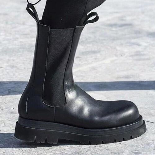 Fashion Women Chelsea Boots Student Girl Shoes Mid Heels Round Toe Flats Mid-Calf Ladies Boots Casual Shoes