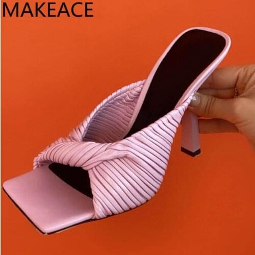 Square Toe High Heel Women Slippers Turn Over Tied Ladies Slides Summer Brand Runway Sweet Female Slip On Mules Women Slippers