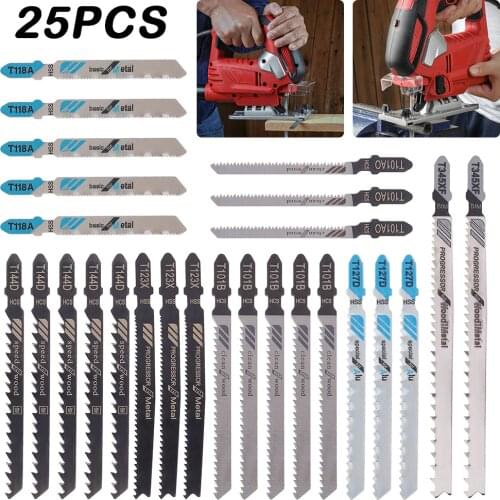 25PCS T-Shank Jigsaw Blades Set Metal Cutting Saw Blades For Wood Cutting Plastic Woodworking Tools Accessories HCS/HSS/BIM
