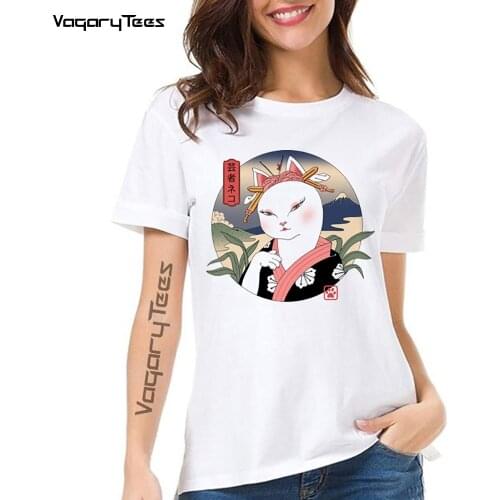 New Summer Fashion Women Short Sleeve Japanese Neko Geisha Print T-Shirt Funny Animal Harajuku Woman Casual Top Cute Girl Tshirt