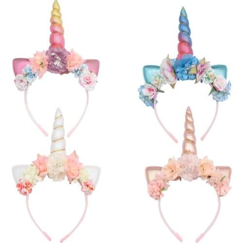 Cute Unicorn Headband Birthday Party Handmade Kids Sweet Flower Horn Hair Band Fashion Floral Crown Headwear Hair Accessories
