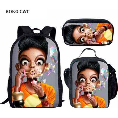 KOKO CAT 3pcs/set School Bags for Girls Black Women Art African School Backpack Shoulder Bag Children Bookbags mochila infantil