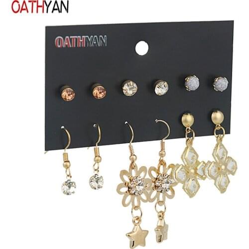 OATHYAN 6 Pairs/Set Fashion Crystal Rhinestone Stud Earrings Sets Female Gold Color Metal Flower Earring For Women Girl Jewelry