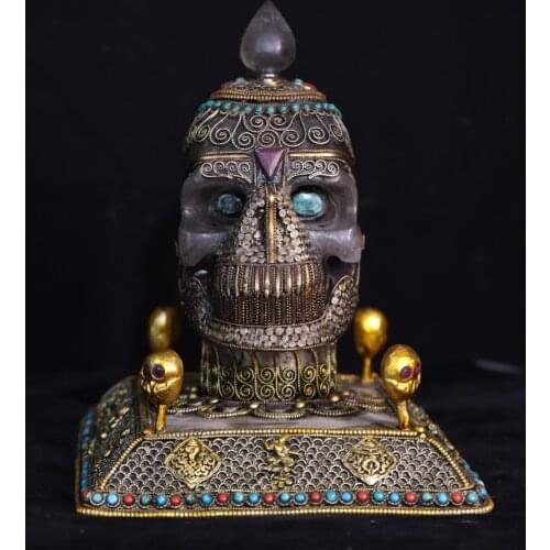 Tibet Buddhism Natural Crystal One-piece carving Filigree Gilt mosaic Gem Shituo Lin Skeleton Head statue Town House Exorcism