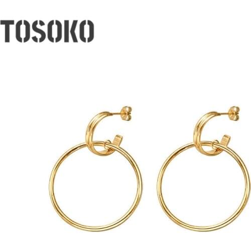 TOSOKO Stainless Steel Jewelry Exaggerated Earrings Geometry Womens Double Rings Gold Earrings Christmas Drop Earrings BSF356