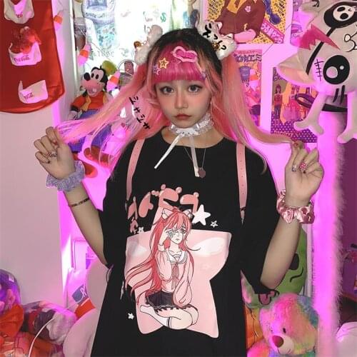 Women 2021 Summer Short Sleeve y2k Character print Goth Lady T-shirts Top Oversized t-shirt Ladies Women Female T-Shirt Harajuku