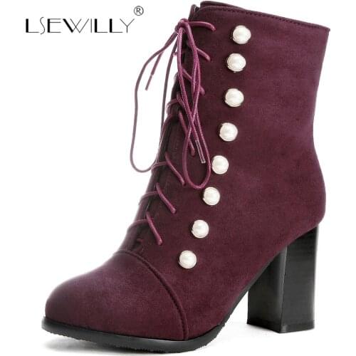 Lsewilly Women Boots Elegant Ankle Boots Inside Comfortable Square High Heel Zipper Sweet Style Ladies Boots Size 34-48 S873
