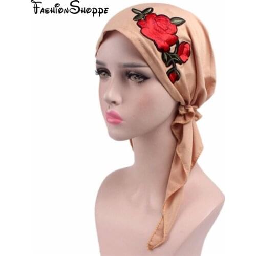 New Fashion Rose Embroidery Stretchy Pre-Tied Head Scarf Head Wrap Scarves Cancer Chemo Hair Loss Cap Women Turban Lady Bandana