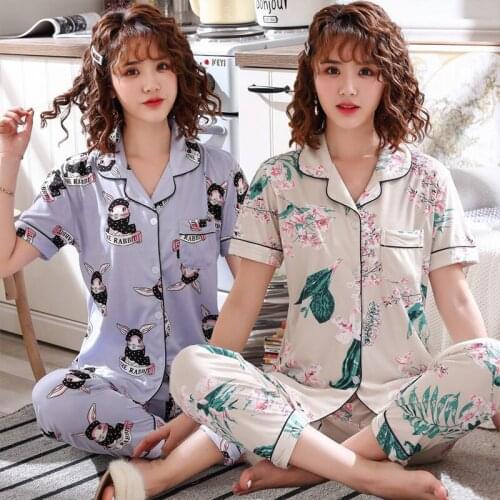 2019 Summer Short Sleeve Long Pants Pajama Sets for Women Cotton Print Sleepwear Femme Lounge Homewear Pijama Mujer Home Clothes