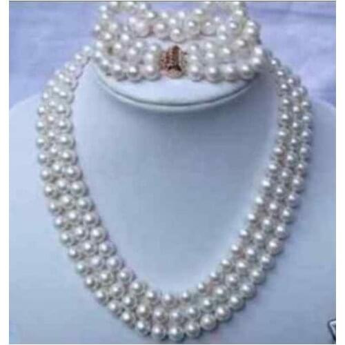 3strands AAA+8-9mm South Sea white Pearl Necklace Bracelet set 17"18"19''>Dongguan girl Store free shipping