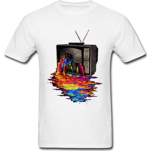 80s Men T Shirt Broken Computer TV Pixel Art Popular Short Sleeve T-Shirt 100% Cotton Crew Neck Adult Top Rainbow Tee Summer New