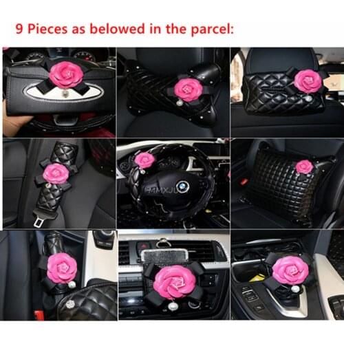 9 Pieces Flowers Steering Cover Tissue Box Storage Bag Headrest Waist Pillow Door Sticker for Car Ornaments Gift for Girls