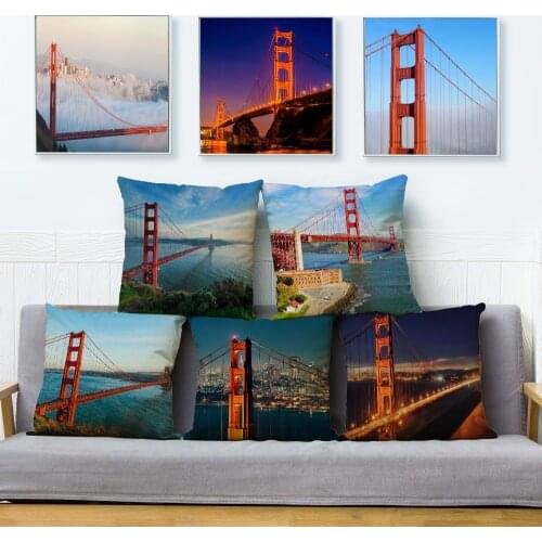 San Francisco Jinmen Bridge Print Cushion Cover Beige Linen Pillowcase 45*45cm Throw Pillows Covers Sofa Home Decor Pillow Case