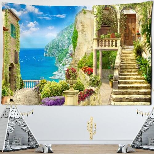 Architectural Iandscape Tapestry Wall Hanging Simple Retro Bohemian Printed Polyester Bedroom Decoration