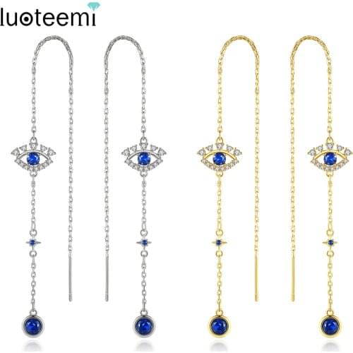 LUOTEEMI LUOTEEMI Eye Shape Drop Earrings Long Ear Line Blue Cubic Zircon Trendy Fashion Jewellery Christmas Gift Boucle D'Oreil