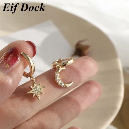 Eif Dock Gold Color Pendant Hoop Earrings Simple Geometric Cross Star Moon Dangle Earrings For Women Party 2021 Trends Jewelry