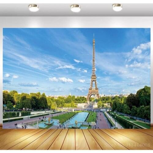 Eiffel Tower Paris Summer View Photo Background Blue Sky City Building Fountain Square Backdrop Photography Interior Decor Cover