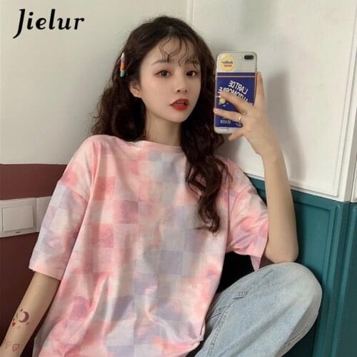 Jielur 2020 New Summer Korean T shirts for Women Ins Fashion Tie-dye Loose Top Printed Short Sleeve Green Pink T-shirt Female