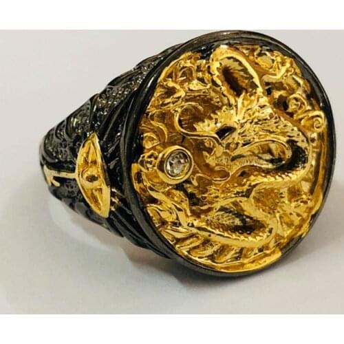 Antique Light Yellow Gold Color Alloy Chinese Dragon Finger Ring Classic Style Metal Jewelry