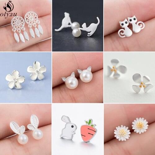 Korean Cute Pearl Cat Stud Earrings for Women Kids Everyday Jewelry Summer Daisy Flower Earings Girls Wedding Jewelry Gifts