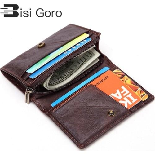 BISI GORO 2020 Men Genuine Leather Wallet RFID Anti theft Scanning Slim Leather Zipper Mini Wallet Case Credit Card Coin Purse