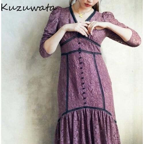 Kuzuwata Japan Style Dress Women Sexy Solid Lace Patchwork Button Dresses 2021 Spring Vestidos Largos De Verano Para Mujer