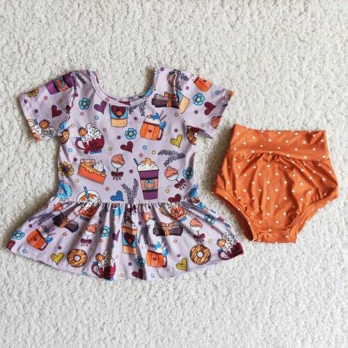 Summer Baby Girls Set Infant Two Pieces Outfits Pumpkin Snacks Print Top Orange Dots Bummies