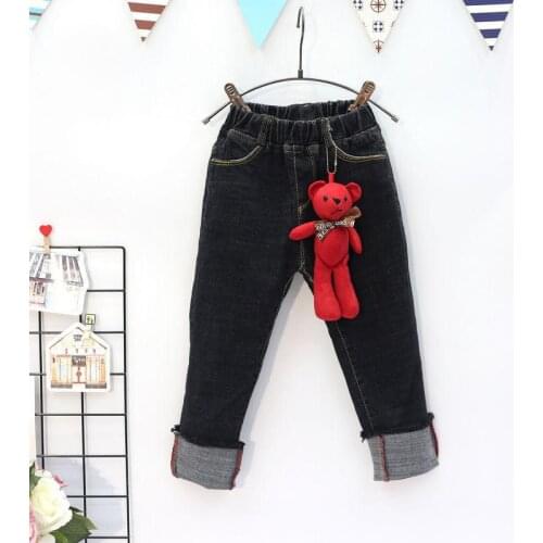 Fashion Korean Version Baby Girl Velvet Flanging Jeans Casual Pants 2017 Autumn Winter Thicker Warm Cowboy Trousers with Doll