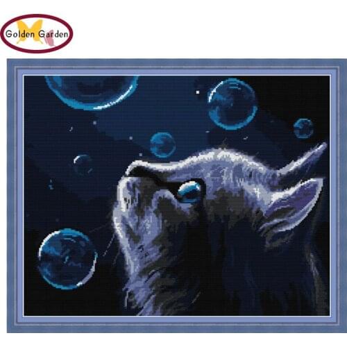 GG Night Cat Cross Stitch Embroidery Needlework Sets 11ct14ct Chrinese Counted Cross Stitch for Home Decor