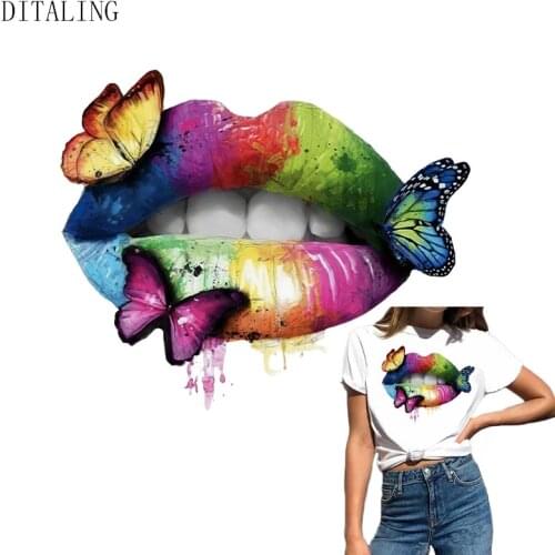Lips Patches Butterfly Colorful Lip Iron-On Transfers For Clothing Thermal Stickers On T-Shirt DIY Washable Fashion Girls Patch