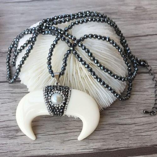 5 Strands Hematite beads necklace,Unique Horn Pendant pave Crystal Rhinestone necklaces NK198