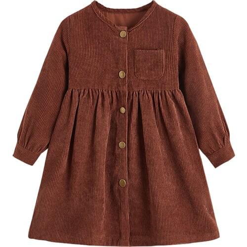 Infant Kids Baby Girl’s Casual Long Sleeve Dress Fashion Solid Color Round Neck Single-breasted A-line Dress