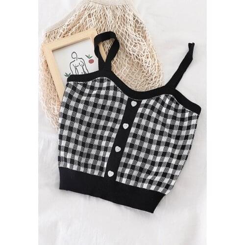 Women Summer Purple Plaid Top With Buttons Knitted Kawaii Cute Crop Tops Straps Sleeveless Casual Top For Women