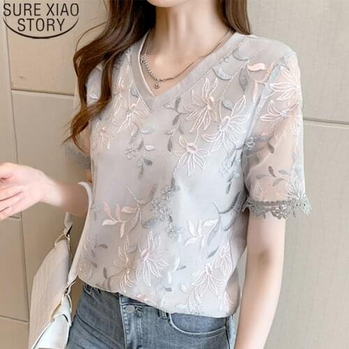 Office Lady Elegant Floral Embroidery Blouse Women Summer Tops V-neck Short Sleeve Lace Shirt Mesh Hollow Clothes Blusas 14918