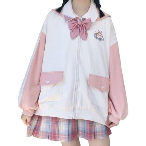 Y2k Kawaii Pink Clothes Oversized Blue Zip Up Sweatshirt Korean Cartoon Embroidered Cardigan Tops 2021 Fashion Women Clothing