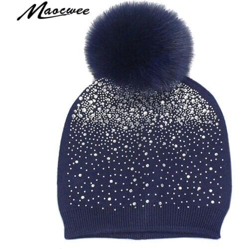 Female Rhinestone Crochet Beanie Hat With Real Fox Fur Pompon Women Knitted Solid Color Soft Warm Wool Diamonds Fur Pom Pom Caps